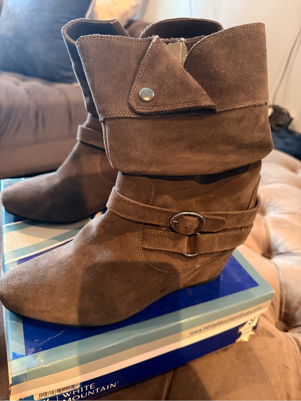White Mountain Brown Suede Fold-Over Wedge Booties